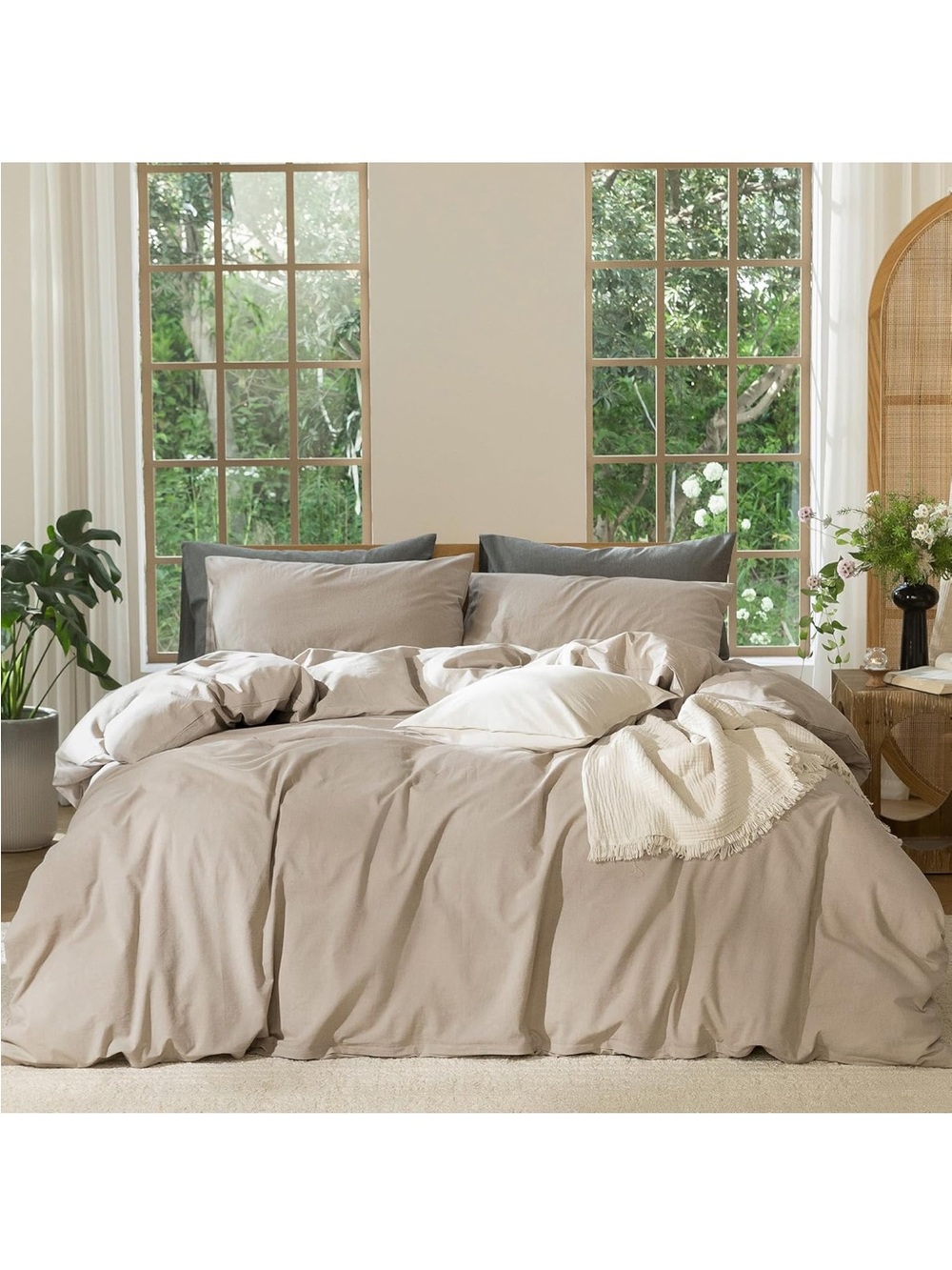 NEW MooMee Bedding Duvet Cover Set 100% Washed Cotton Linen Like Texture. Taupe